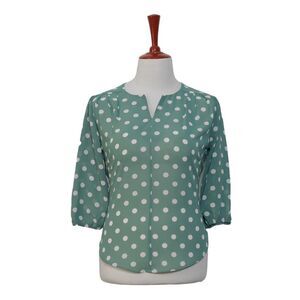 Womens Silky Blouse Polka Dot Green White 3/4 Sleeve V-Neck Casual Top Large